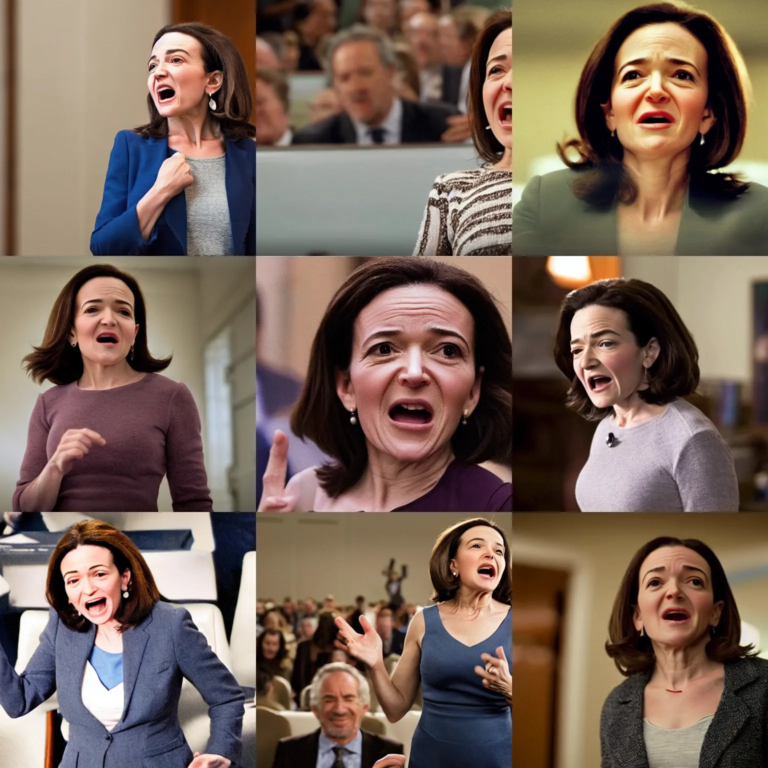 Prompt: Movie still of a tired, old, and ugly Sheryl Sandberg standing up and raging at Congress in Facebook The Movie (2017), directed by Steven Spielberg