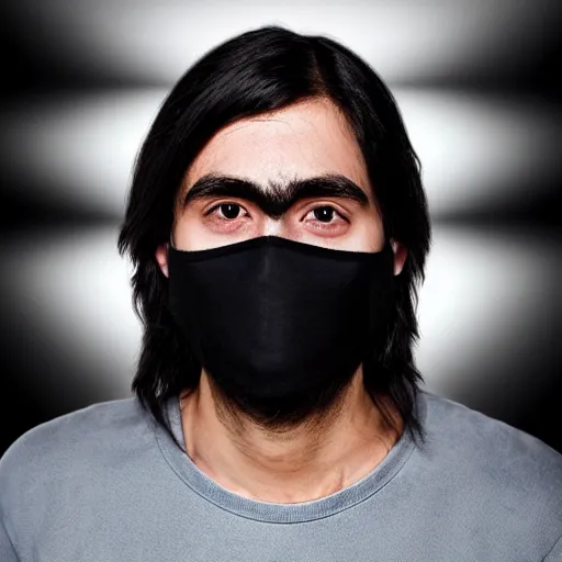 Image similar to professional digital art of a young adult man with slightly long hair wearing a black face mask and a form-fitting dark sweatshirt, high quality, HD, 8K, highly detailed, award-winning, fancy apartment