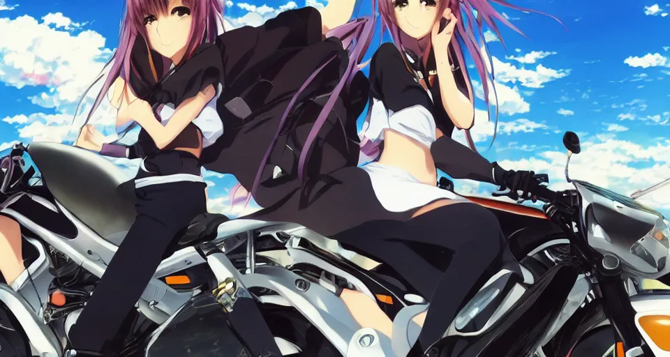 Image similar to close up of a high definition anime girl in a 1998 black Yamaha V80 motorbike with armenia quindio in the background , Artwork by Makoto Shinkai, pixiv, 8k, official media, wallpaper, hd