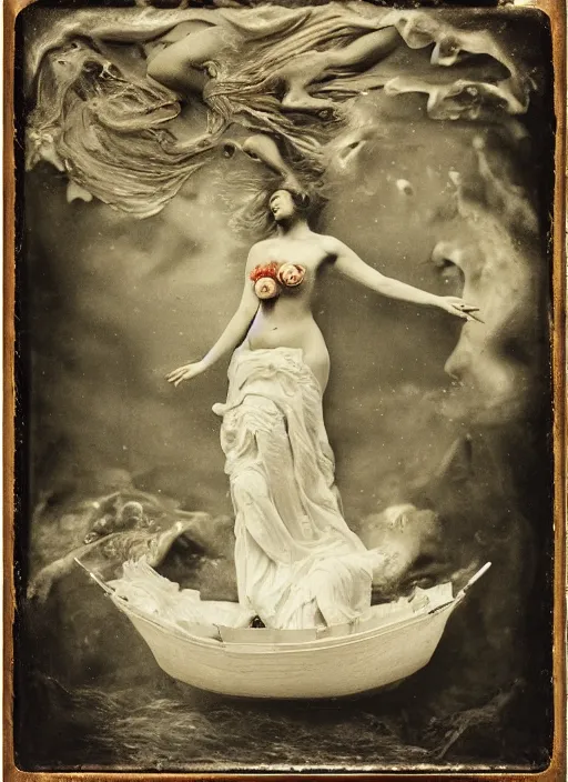 Image similar to old wetplate daguerreotype birth of venus, fractal, intricate, elegant, highly detailed, parallax, leica, medium format, subsurface scattering, by jheronimus bosch and greg rutkowski and louis jacques mande daguerre