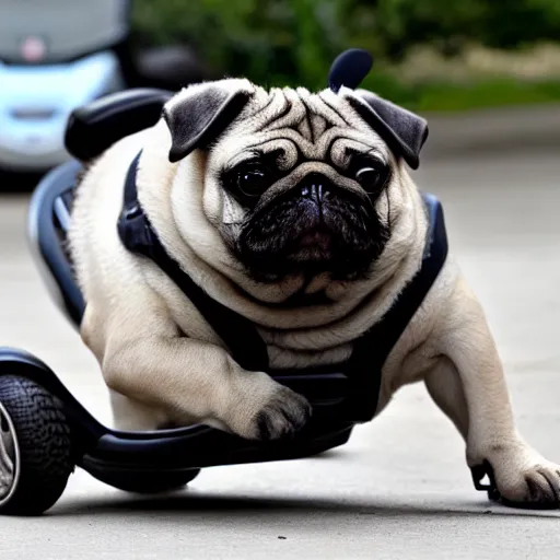 Image similar to a morbidly obese pug riding a mobility scooter, high resolution photo