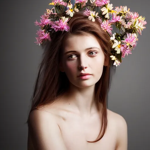Prompt: photorealistic digital portrait of cute girl model, hair of flowers, 5 0 mm still image by annie leibovitz