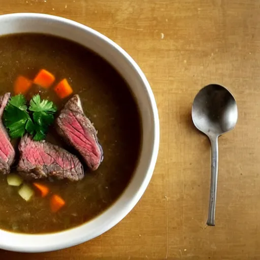 Prompt: a bowl of steak soup on a table lower corner view in the style of loish van baarle, fancy