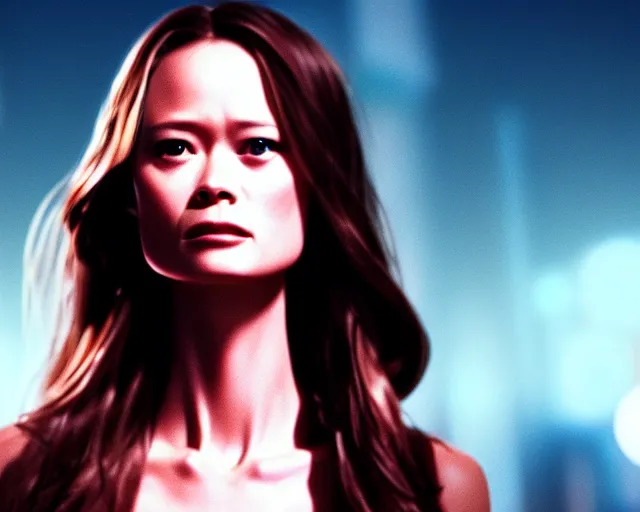 Image similar to summer glau as synthwave terminator, hyperrealism, action movie still, 4k, cdx