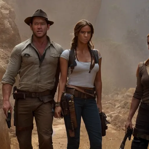 Image similar to still from the movie with Indiana Jones (played by chris pratt), Lara Croft (played by Alicia Vikander) and Nathan Drake (played by tom holland), award-winning cinematography, 4k