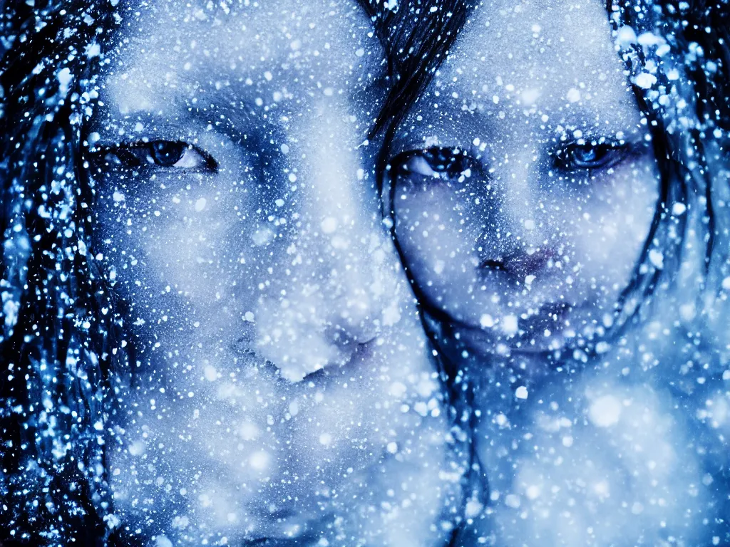 Prompt: the piercing blue eyed stare of yuki onna, mythology, freezing blue skin, mountain blizzard and snow, canon eos r 6, bokeh, outline glow, asymmetric unnatural beauty, blue skin, centered, rule of thirds