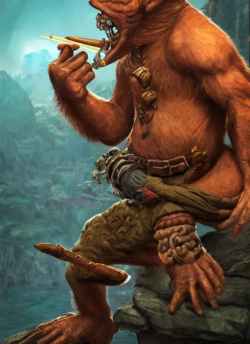 Image similar to pathfinder 2 e bestiary illustration of a goblin mixed with a monkey smoking a cigar, pirate themed, character portrait, unreal engine, hyper realism, realistic shading, cinematic composition, realistic render, octane render, detailed textures, studio lighting, photorealistic, wide shot