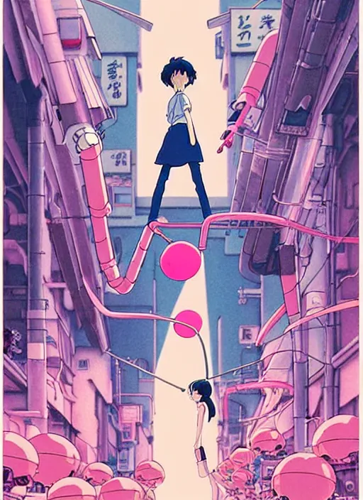 Image similar to a movie poster for a studio Ghibli film based on the song Yoshimi battles the pink robots, part 1. by the band the flaming lips; artwork by Hiyao Miyazaki and studio Ghibli; a Japanese girl is fighting a gigantic evil Pink Robot in an alley in Tokyo artwork by James jean, Phil noto