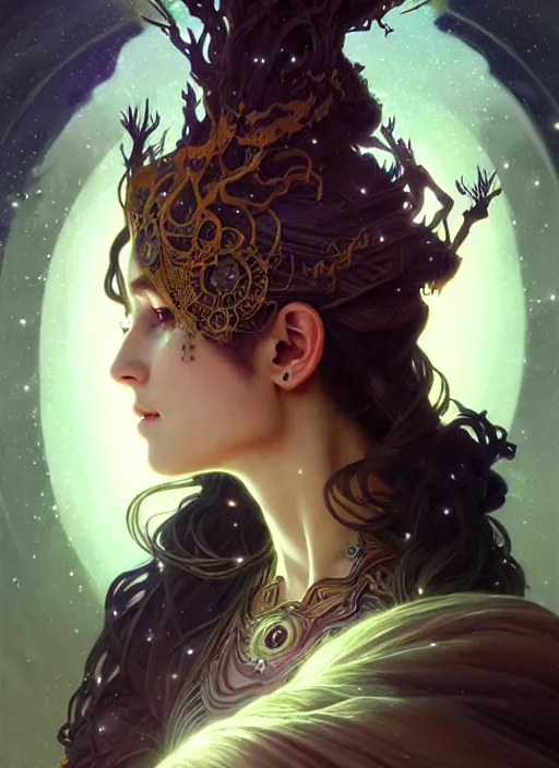 Image similar to a beautiful cinematic female druid goddess, galatic shamen with Quantum energy fantasy, fantasy magic, undercut hairstyle, dark light night, intricate, elegant, sharp focus, illustration, highly detailed, digital painting, concept art, matte, art by WLOP and Artgerm and Greg Rutkowski and Alphonse Mucha, masterpiece