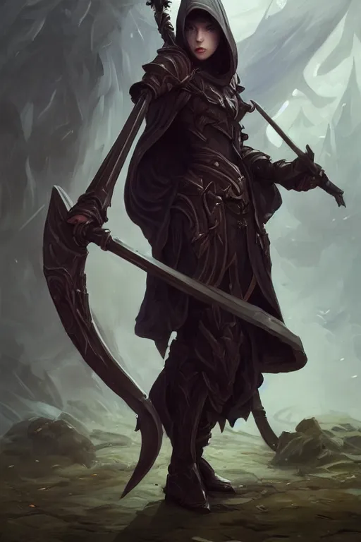 Prompt: reaped wielding a scythe, full body shot, hood, d & d, dark fantasy, intricate, highly detailed, digital painting, artstation, concept art, matte, sharp focus, illustration, hearthstone, art by artgerm and greg rutkowski and alphonse mucha