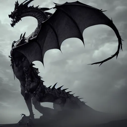 Prompt: a highly detailed horrific shot of a ghostly western dragon that's fading into black fog and deep dark obscure shadow, wings are clouds of darkness, creating an ominous presence, artstation, deviantart, dark lighting, unreal engine 5 render