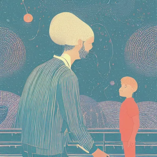 Image similar to a son admiring his father, joyful, illustration by victo ngai, studio muti, malika favre