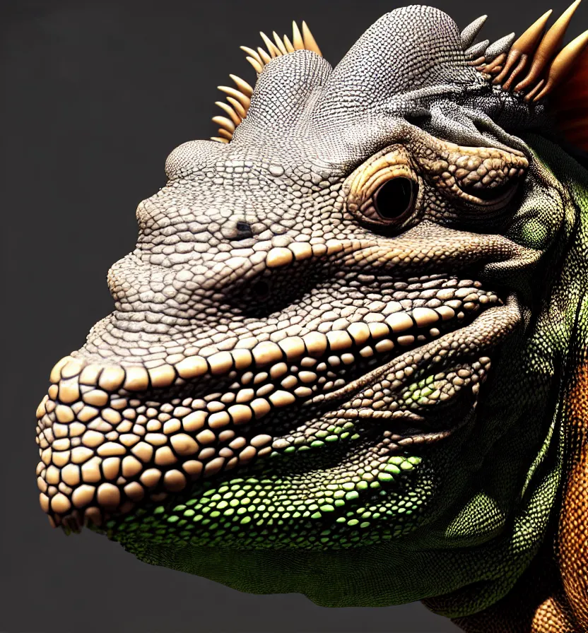 Image similar to antasy creature setting all : iguana head : : 0. 5 the head has a symmetrical horn and tumor, and there is a rhino horn at the front of the beak, and the mouth is open to reveal a mouth full of fangs with huge wings, full body rich detail realistic photoreal photorealistic octane render 8 k