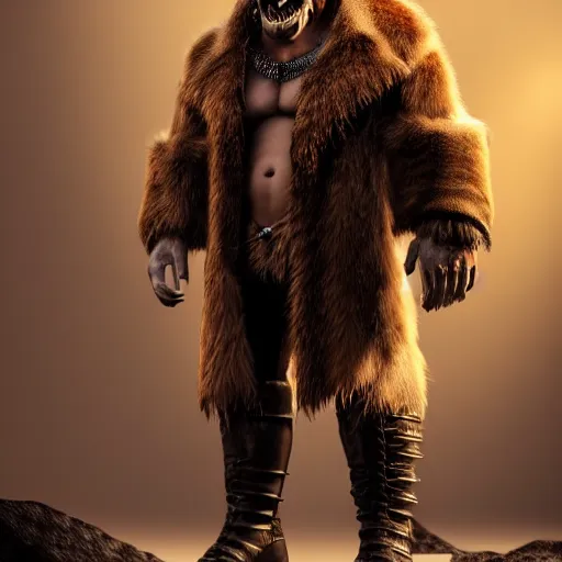 Prompt: A full body shot of a handsome orc looking into the camera wearing a leather fur jacket and boots, full body shot, artstation, realistic, highly detailed, symmetrical, hyper realism, high detail, octane render, unreal engine, 8k, fantasy art, highly detailed, concept art