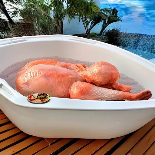 Image similar to the world\'s largest raw chicken in a hot tub