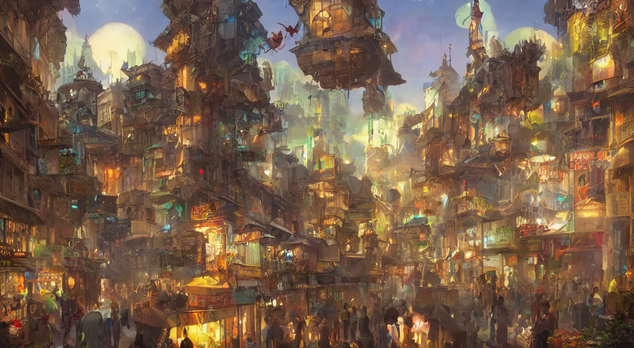 Image similar to bazaar zouk oriantal place mosquet multicolorful sky shine matte painting, street art, trending on artstation, by huang guangjian and gil elvgren and sachin teng