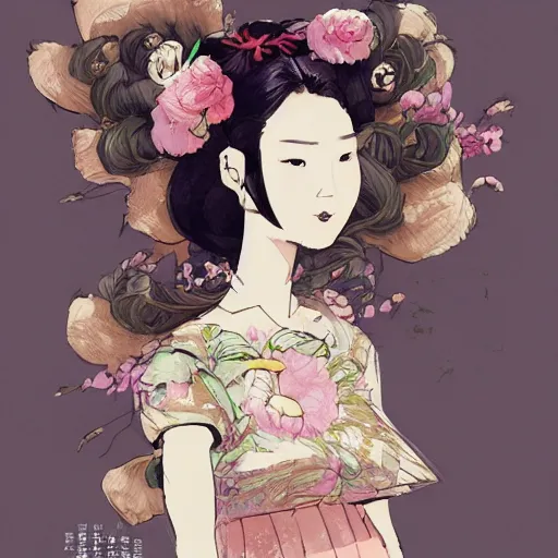 Image similar to concept art for a middle - aged chinese teacher with permed hear and a floral dress, by dustin nguyen, akihiko yoshida, greg tocchini, trending on artstation, 8 k