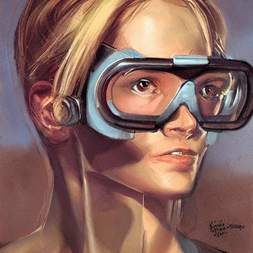 Image similar to portrait of a muscular woman wearing engineer goggles, by jon foster