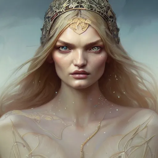 Image similar to beautiful lily donaldson, closeup, d & d, fantasy, intricate, elegant, highly detailed, digital painting, artstation, concept art, matte, sharp focus, illustration, art by artgerm and greg rutkowski and alphonse mucha