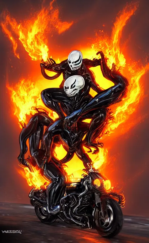 Image similar to venom as ghost rider on a motorcycle, dynamic lighting, photorealistic fantasy concept art, trending on art station, stunning visuals, terrifying, creative, cinematic