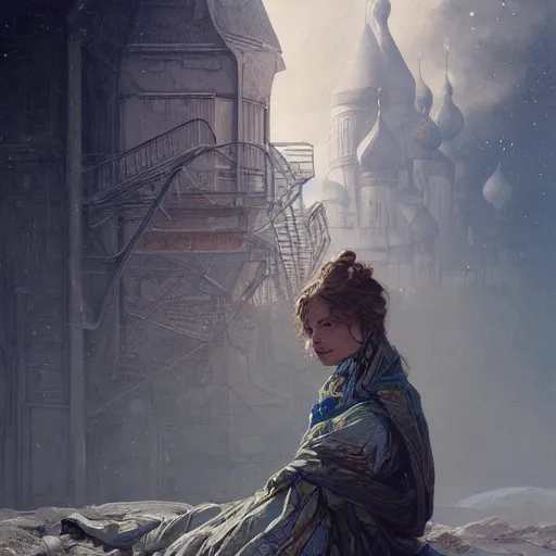 Prompt: A close up portrait on the street of Russian sleeping quarters on the moon, Norilsk, sci-fi, fantasy, intricate, very very beautiful, elegant, highly detailed, digital painting, artstation, concept art, smooth, sharp focus, illustration, art by artgerm and greg rutkowski and alphonse mucha