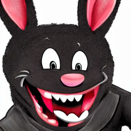 Image similar to A extremely highly detailed majestic hi-res beautiful, highly detailed head and shoulders portrait of a scary terrifying, horrifying, creepy black cartoon rabbit evil laughing standing up wearing pants and a shirt in the style of Walt Disney