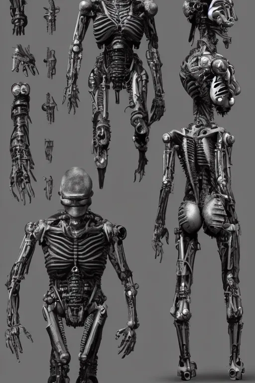 Image similar to cyborg cyclopes with gunmetal grey skin, medical anatomy, cyberpunk face, highly detailed, japanese, mecha asthetic, mechanical implants, three - view reference sheet ( front / back / side ), in the style of dan ouellette, dren from splice, hr giger, sil from species, artstation, unreal engine