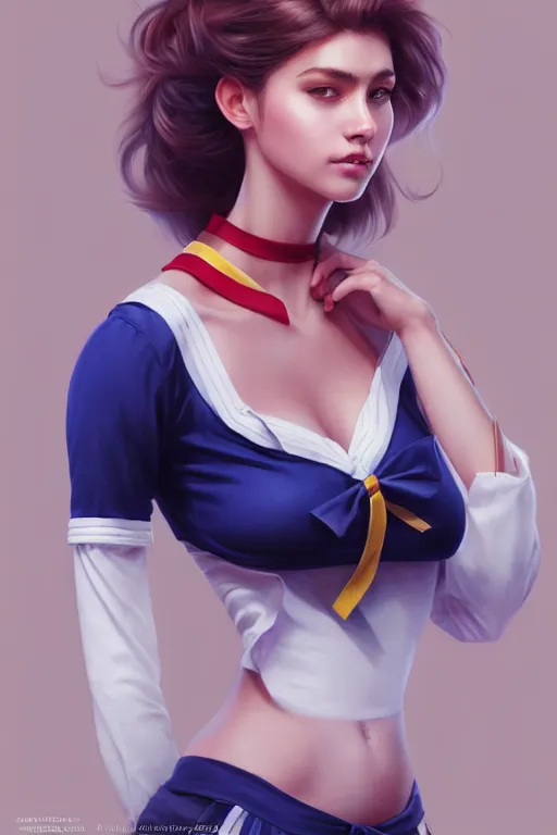 Prompt: full body photo of a gorgeous young woman wearing a sailor style fress in the style of stefan kostic, realistic, sharp focus, 8k high definition, insanely detailed, intricate, elegant, art by stanley lau and artgerm