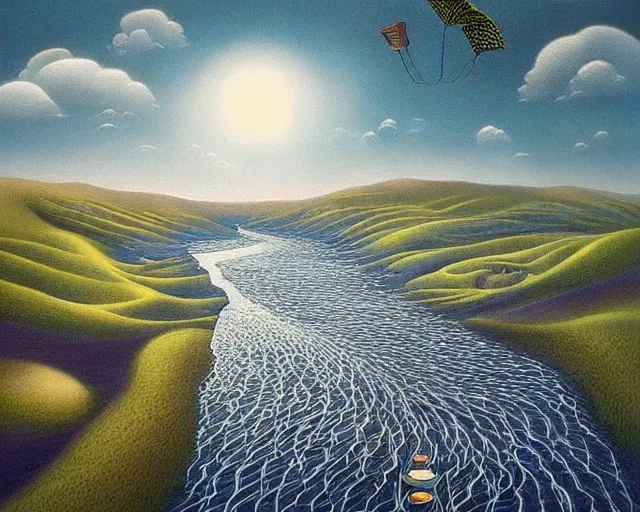 Prompt: a river runs through your heart, an ultrafine detailed painting by rafal olbinski, behance contest winner, pop surrealism, detailed painting, very detailed, minimalist, skeuomorphic, airbrush art