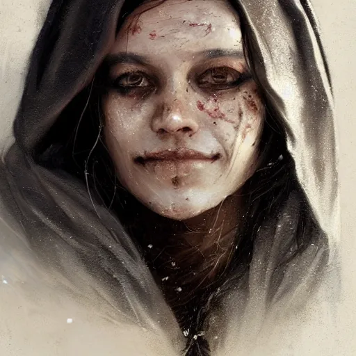 Prompt: portrait of an woman by Greg Rutkowski, she is about 20 years old, pretty, long brown wavy hair, blackout tattoos on her face, scar near her mouth that makes her look like she's smiling all the time, wearing black sith robes, Star Wars Expanded Universe, highly detailed portrait, digital painting, artstation, concept art, smooth, sharp foccus ilustration, Artstation HQ