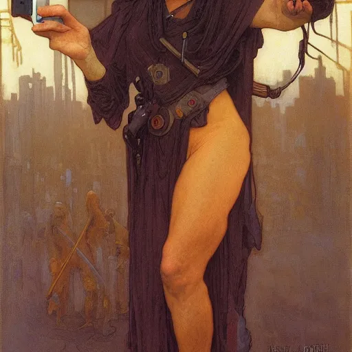 Image similar to cinematic scene of Death taking a selfie, modern, mucha, colorful, by Michael Whelan, William Adolphe Bouguereau, and Donato Giancola, highly rendered, beautiful, cyberpunk, moody lighting, glowing light and shadow, atmospheric, 8K