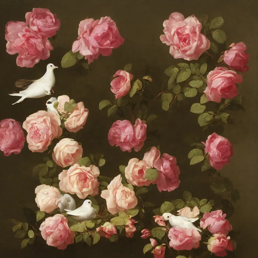 Prompt: a nosegay of { { { { { roses } } } } }, and a dove by rachel ruysch, 1 6 9 5