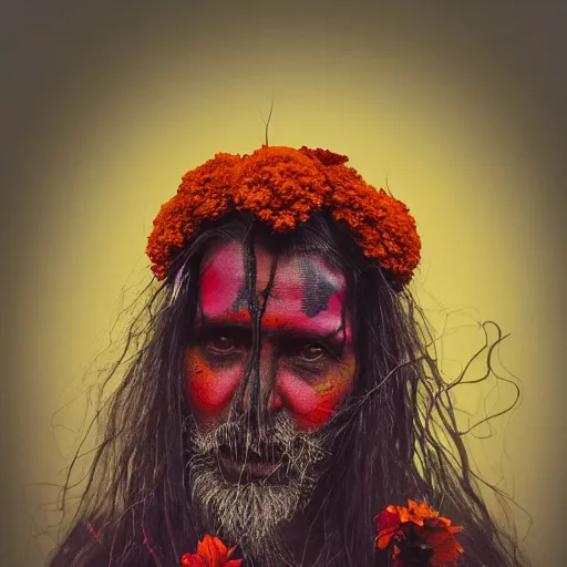 Image similar to 3 5 mm coloured film portrait of strange female aghori sadhu covered in ash creature, hyperrealism, celestial marigold red flowers vibe, photorealistic, detailed, atmospheric, 8 k, award winning photography, cinematic