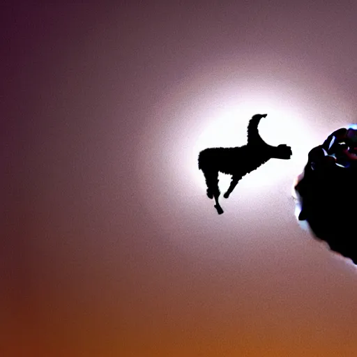 Image similar to film still of a llama dunking a basketball, low angle, extreme long shot, indoors, dramatic backlighting