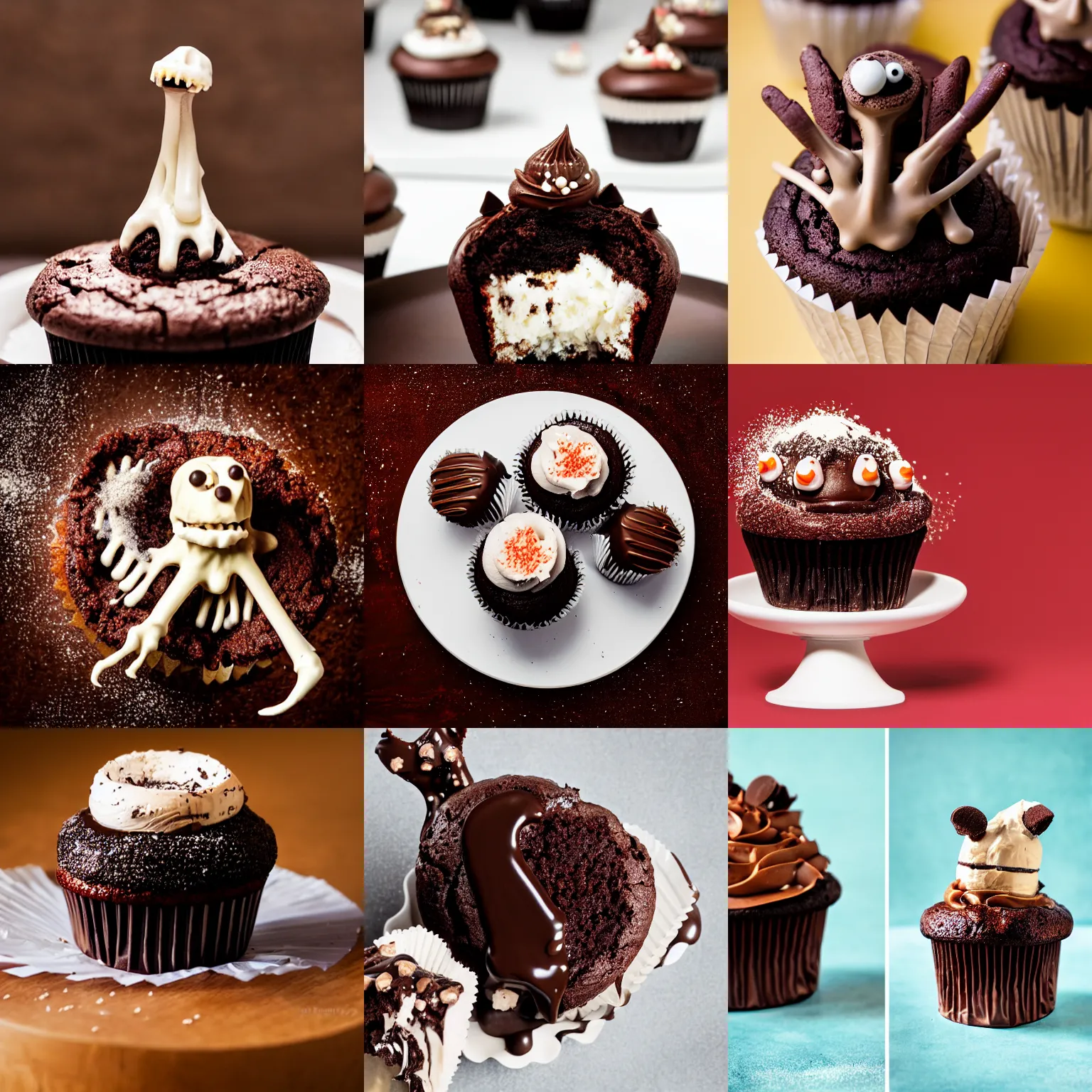 Prompt: a bone creature emerging from an exploding chocolate cupcake, professional food photography