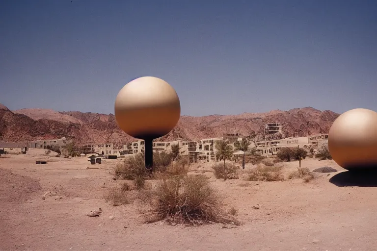 Prompt: film still of modern complex stanilist style spherical city in the desert, by Étienne-Louis Boullée and Jean Jacques Lequeu cinestill 800t 35mm full-HD