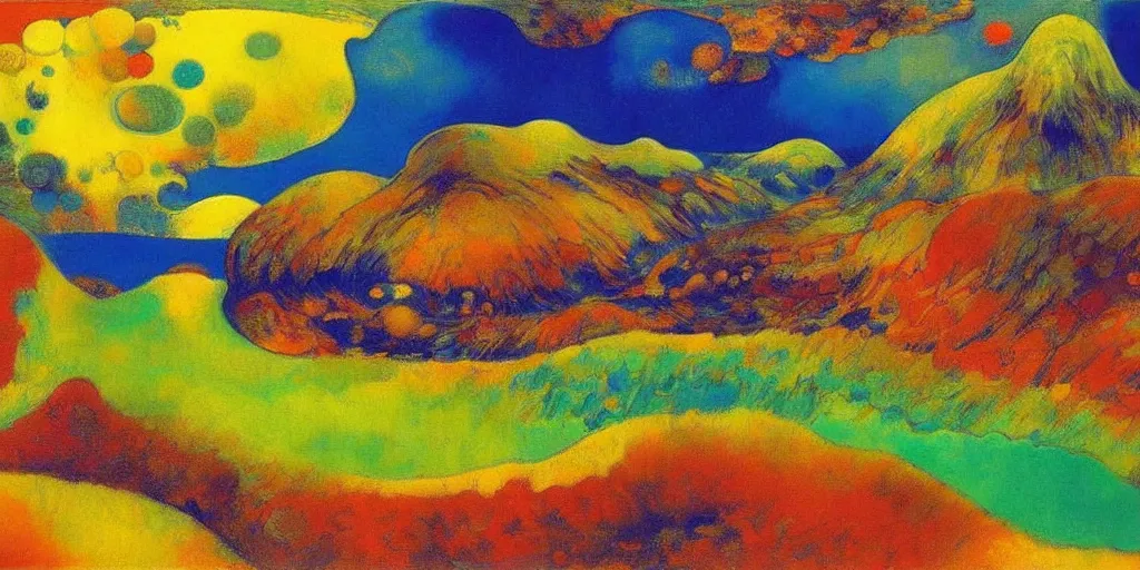 Image similar to An insane, modernist landscape painting. Wild energy patterns rippling in all directions. Curves, organic, zig-zags. Mountains, clouds. Rushing water. Waves. Psychedelic dream world. Odilon Redon. Peter Max.