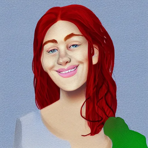 Prompt: a smiling woman with red hair, green eyes, dimples, and rosy cheeks, digital art