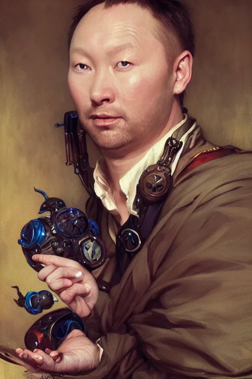 Image similar to A fantasy comic book style portrait painting of limmy, Caucasian, using his desktop pc, François Boucher, Oil Painting, Mystical, unreal 5, DAZ, hyperrealistic, octane render, Regal, Refined, Detailed Digital Art, RPG portrait, William-Adolphe Bouguereau, Michael Cheval, Walt Disney (1937), Steampunk, dynamic lighting, Highly Detailed, Cinematic Lighting, Unreal Engine, 8k, HD