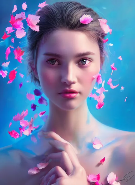 Image similar to gorgeous female covered in translucent blue and pink leaf and petals in the style of stefan kostic, cute - fine - face, dasha taran, backlit, refracted lighting, elegant, half body shot, 8 k, insanely detailed, intricate, art by stanley lau, artgerm, wlop, kuvshinov ilya,