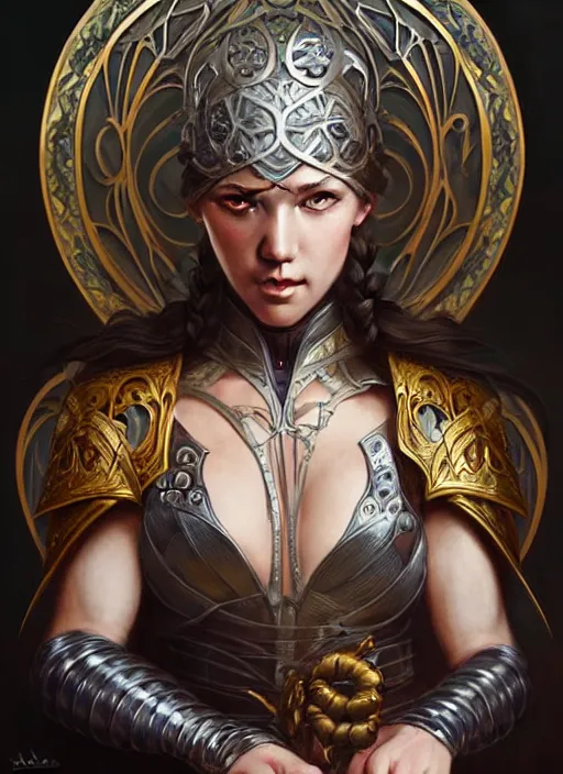 Image similar to Muscular and powerful medieval knight portrait, art nouveau, fantasy, intricate flower designs, elegant, highly detailed, sharp focus, art by Artgerm and Greg Rutkowski and WLOP
