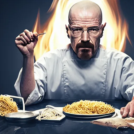 Image similar to walter white from breaking bad cooking spaghetti, 4 k, realistic, full body, full image, studio portrait