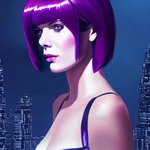 Image similar to A combination of Grace Kelly's and Katheryn Winnick's and Ashley Greene's faces with short violet hair as Motoko Kusanagi from Ghost in The Shell, cyberpunk style, synthwave aesthetic, fantasy, intricate, elegant, highly detailed, digital painting, artstation, concept art, matte, sharp focus, illustration, half body portrait, anime style, art by Artgerm and Greg Rutkowski and Alphonse Mucha