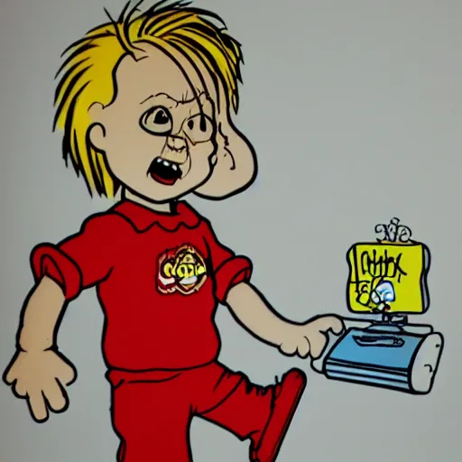 Image similar to Chucky from Child's Play drawn by Charles Schulz