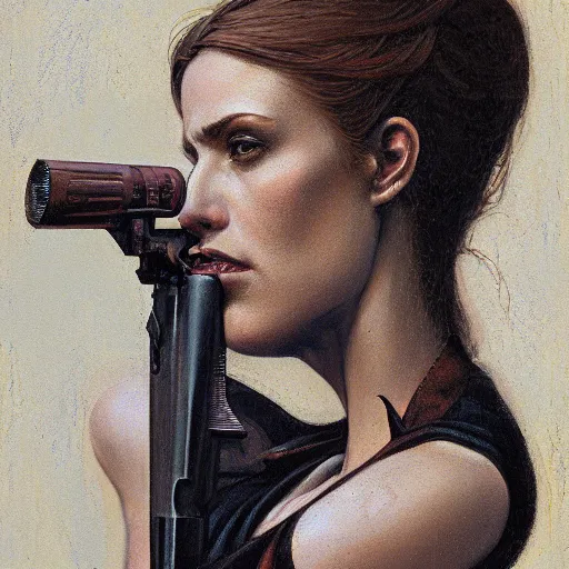 Image similar to portrait of a woman with a shotgun prosthetic, by gerald brom