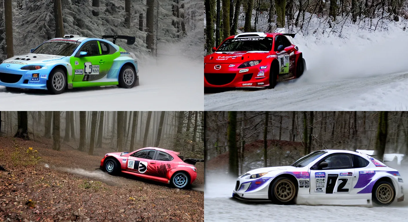 Prompt: a 2 0 0 4 mazda rx - 8 mazdaspeed, racing through a rally stage in a snowy forest