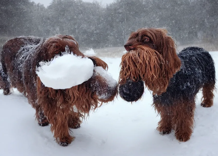 Image similar to Giant woolly dachshund with tusks, in the middle of a snow storm