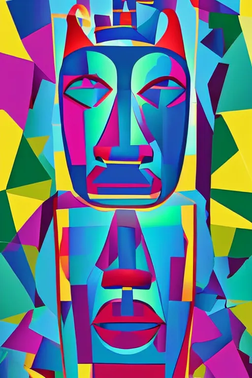 Image similar to cubist moai statue cutout digital illustration cartoon colorful beeple