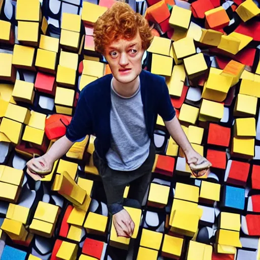 Prompt: photograph of James Acaster jugging rubiks cubes