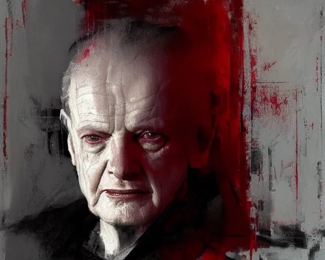 Prompt: portrait of palpatine ian mcdiarmid in shades of grey but with red by jeremy mann